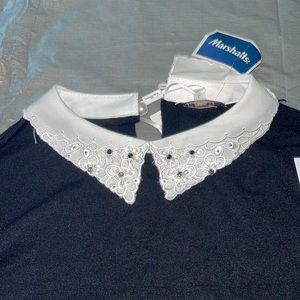 Black blouse with white jeweled collar